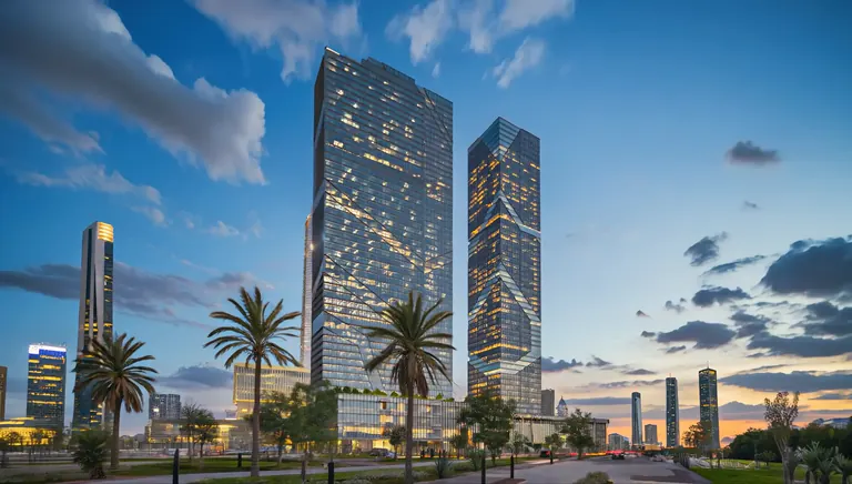تصميم تخيلي لـالبرج والشارع الرئيسي في تاج تاور 2 بمنطقة الأعمال المركزية